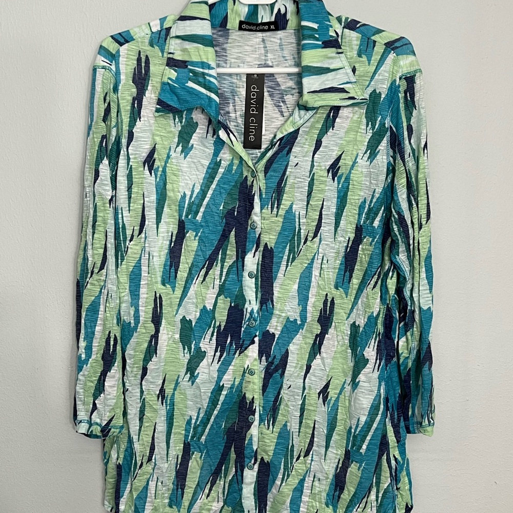 David Cline “Ice” Green and Blue Women’s 3/4 Sleeve Button Down Shirt, XL, NWT
